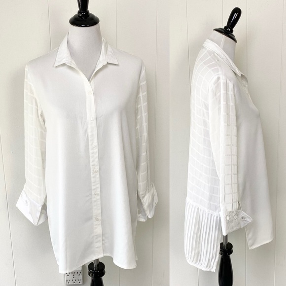 Desigual White Windowpane Ruffle Hem Side Cutout Tunic Top Semi Sheer Sz S - Picture 1 of 16